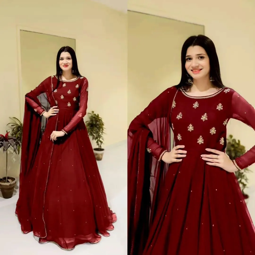 3 Pcs Women's Stitched Chiffon Embroidered Maxi Suit