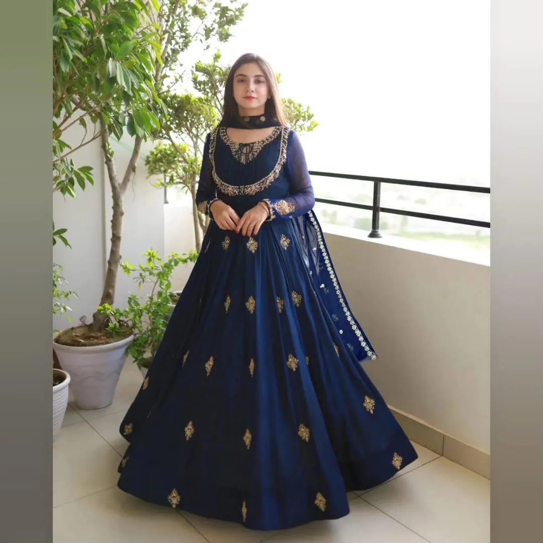 3 Pcs Women's Stitched Chiffon Embroidered Maxi And Trouser