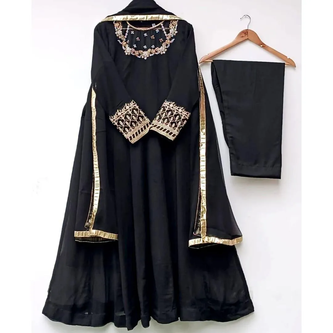 3 Pcs Women's Stitched Chiffon Embroidered Maxi And Trouser