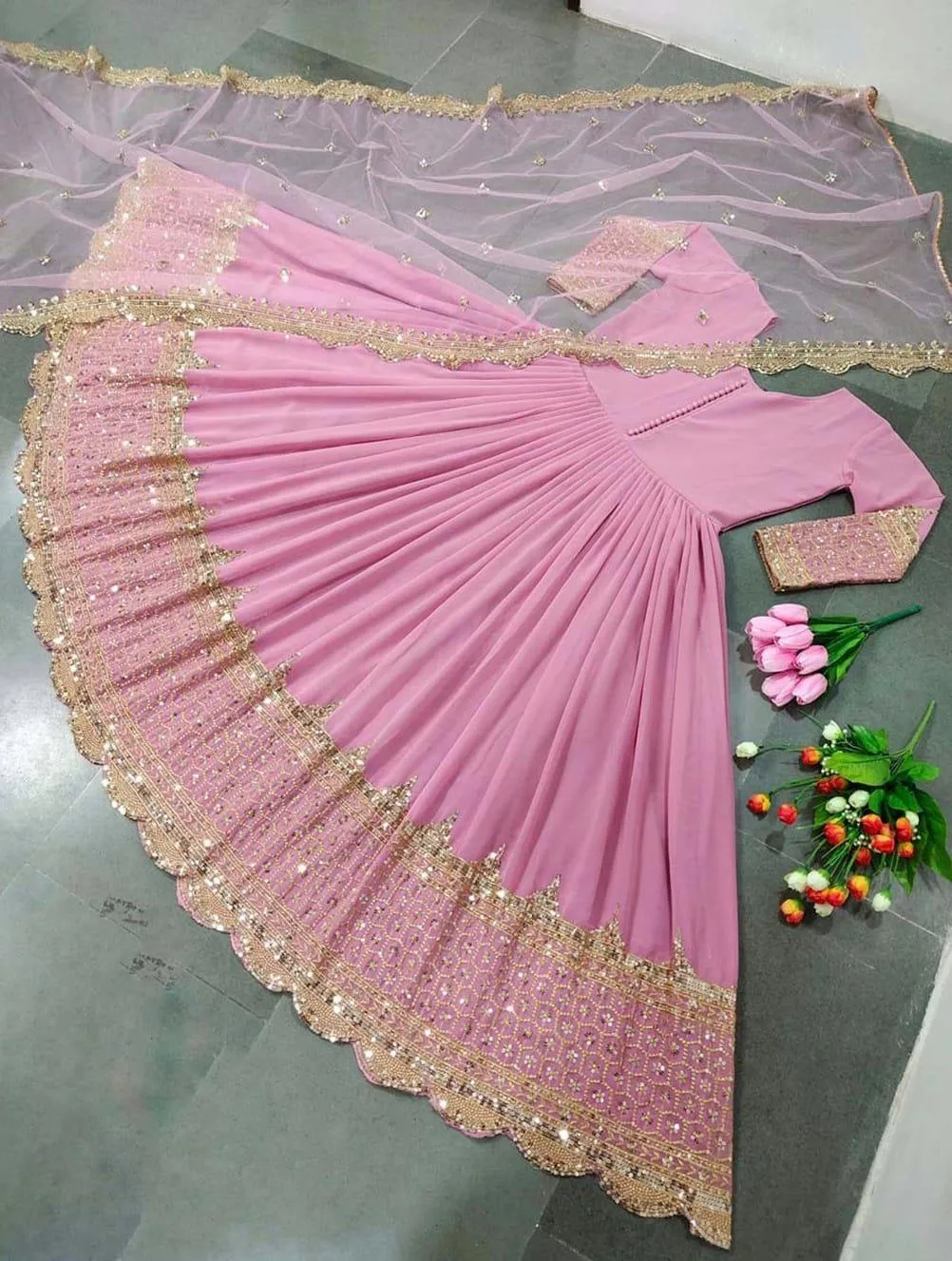 3 Pcs Women's Stitched Chiffon Sequins Maxi And Trouser