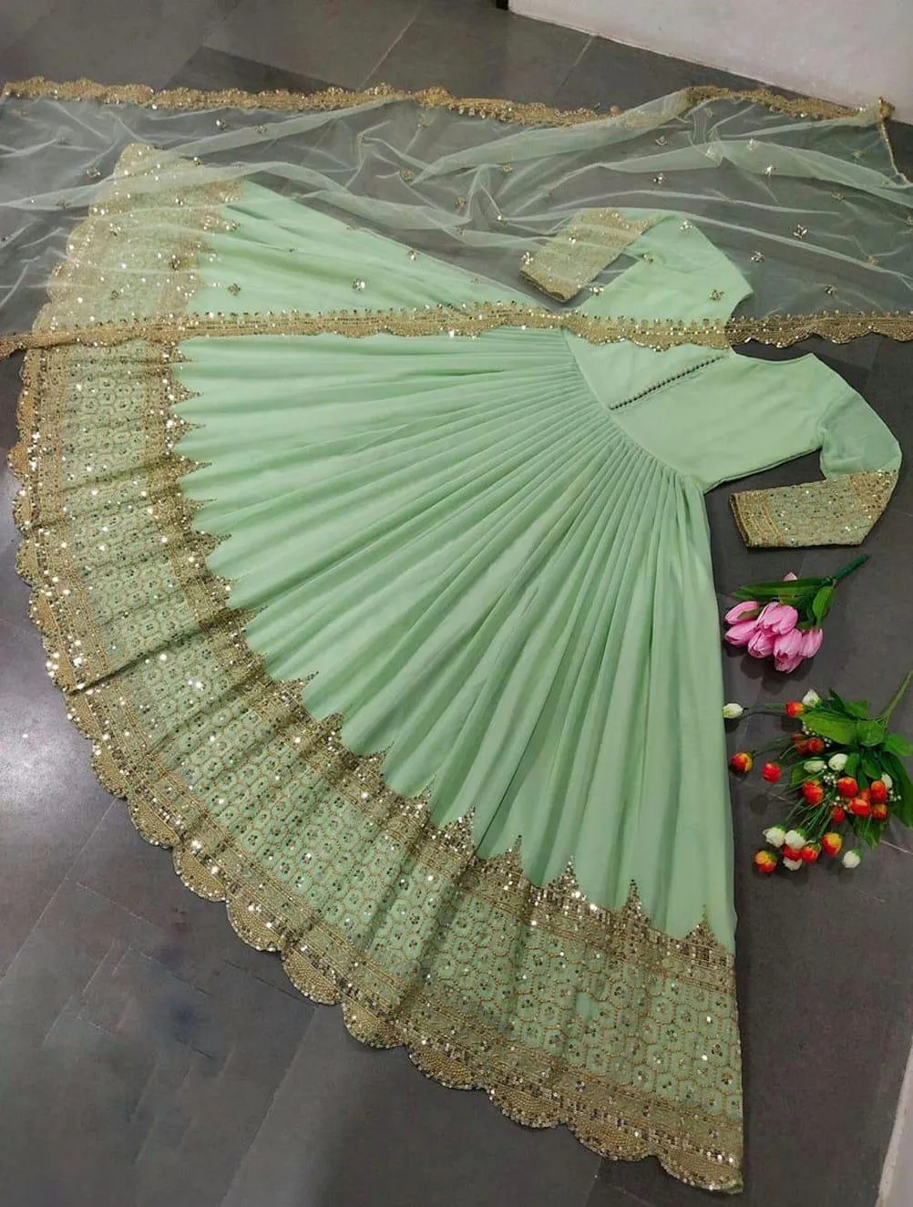 3 Pcs Women's Stitched Chiffon Sequins Maxi And Trouser