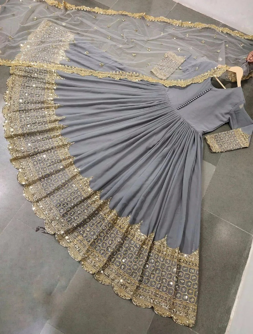 3 Pcs Women's Stitched Chiffon Sequins Maxi And Trouser