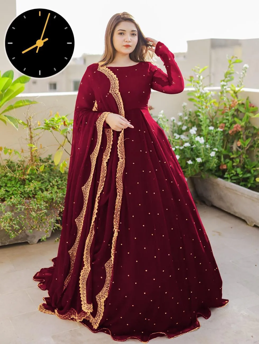 3 Pcs Women's Stitched Chiffon Plain Maxi And Trouser