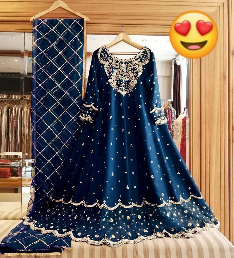 3 Pcs Women's Stitched Shamoz Silk Embroidered Maxi And Trouser