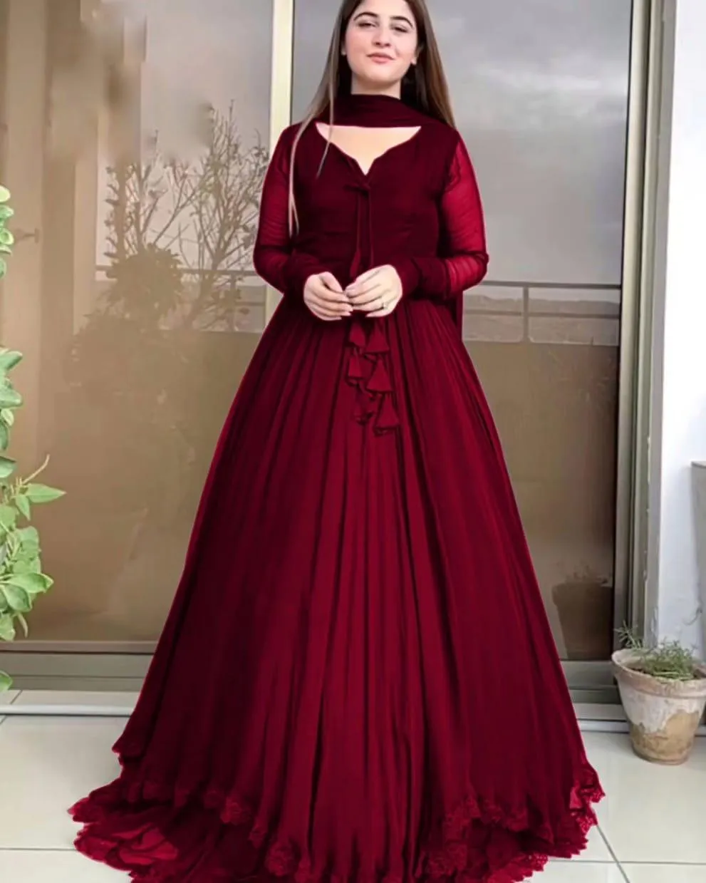 Maroon Chiffon Maxi Dress With Lace Border & Dupatta 3pcs