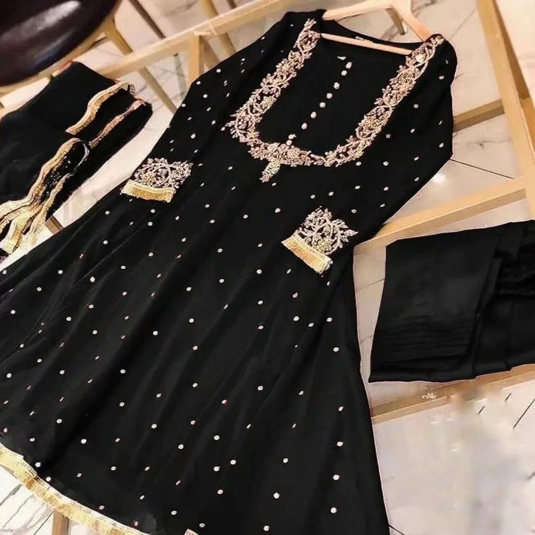 3 Pcs Women's Stitched Chiffon Embroidered Maxi And Trouser