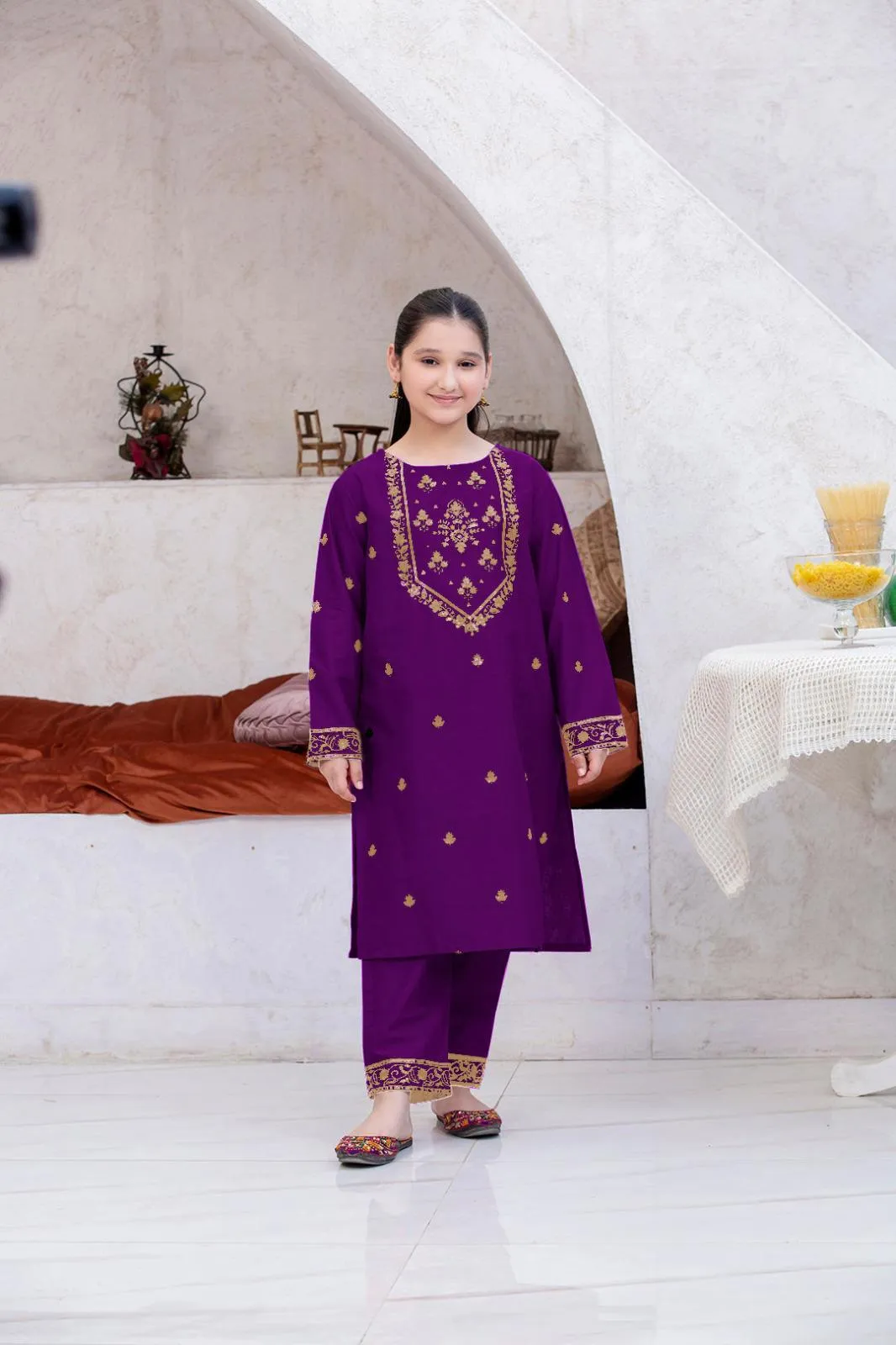 2 Pcs Girl's Linen Embroidered Kurta And Shalwar Suit