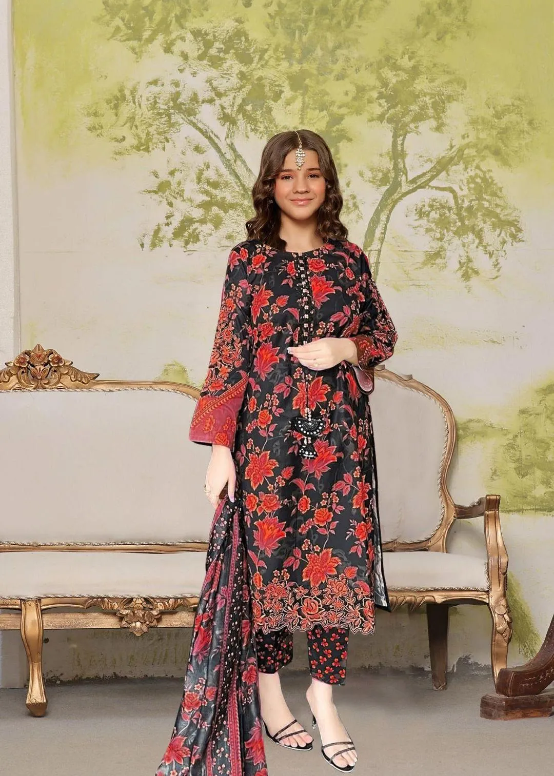 3 Pcs Girl's Arabic Lawn Printed Kurta And Shalwar Suit