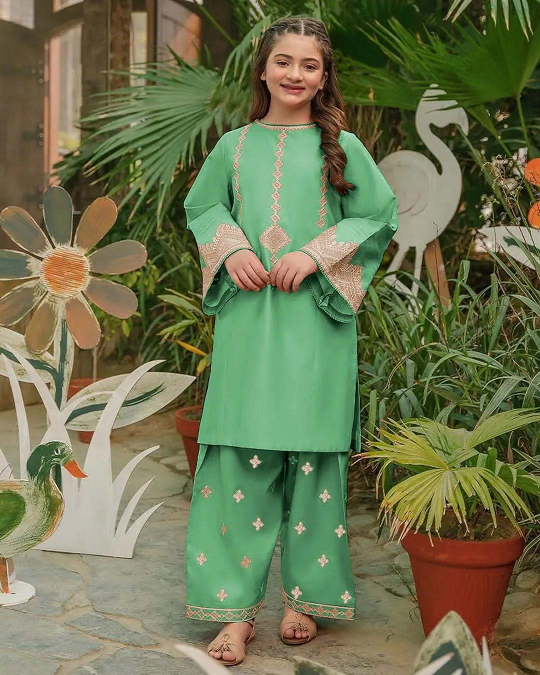 2 Pcs Girl's Cotton Embroidered Kurta And Shalwar Suit