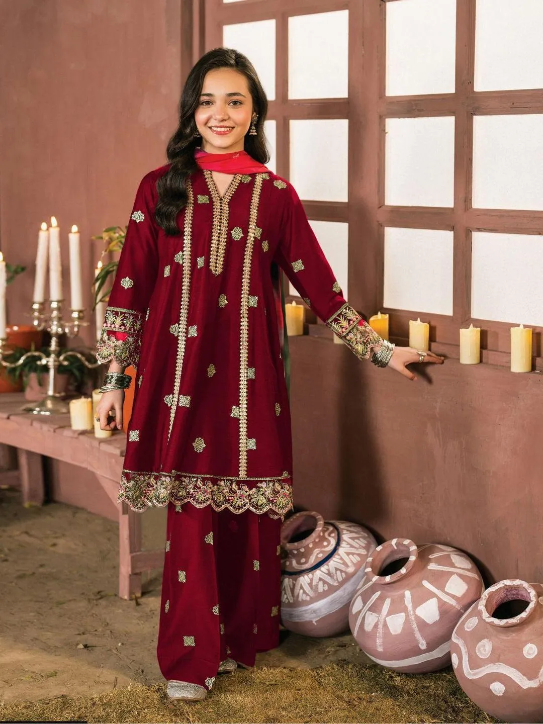 2 Pcs Girl's Cotton Embroidered Frock And Trouser Set