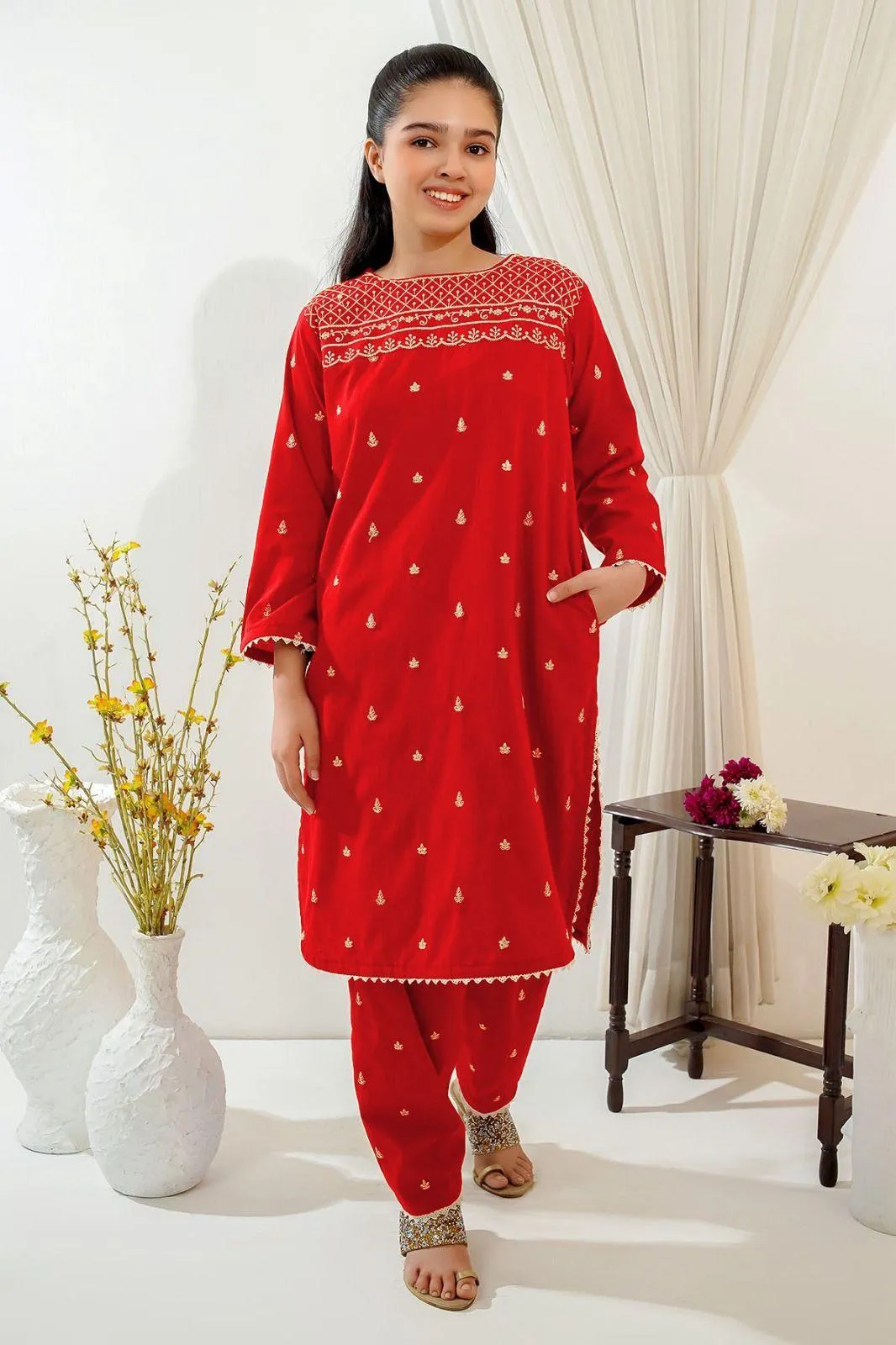 2 Pcs Girl's Linen Embroidered Kurta And Pajama