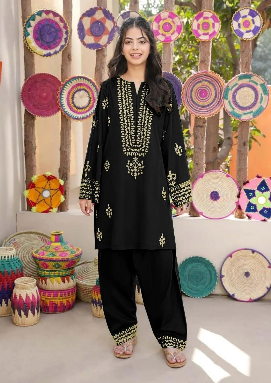 2 Pcs Girl's Shamoz Silk Embroidered Kurta And Shalwar Suit