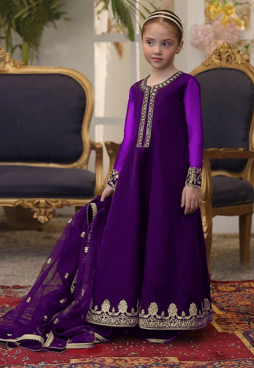 3 Pcs Girl's Chiffon Embroidered Frock And Trouser Set