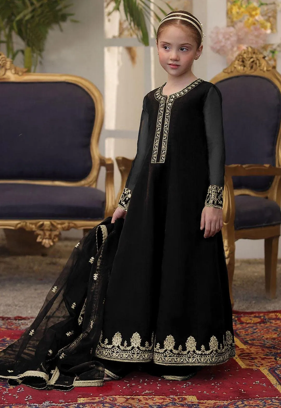 3 Pcs Girl's Chiffon Embroidered Frock And Trouser Set