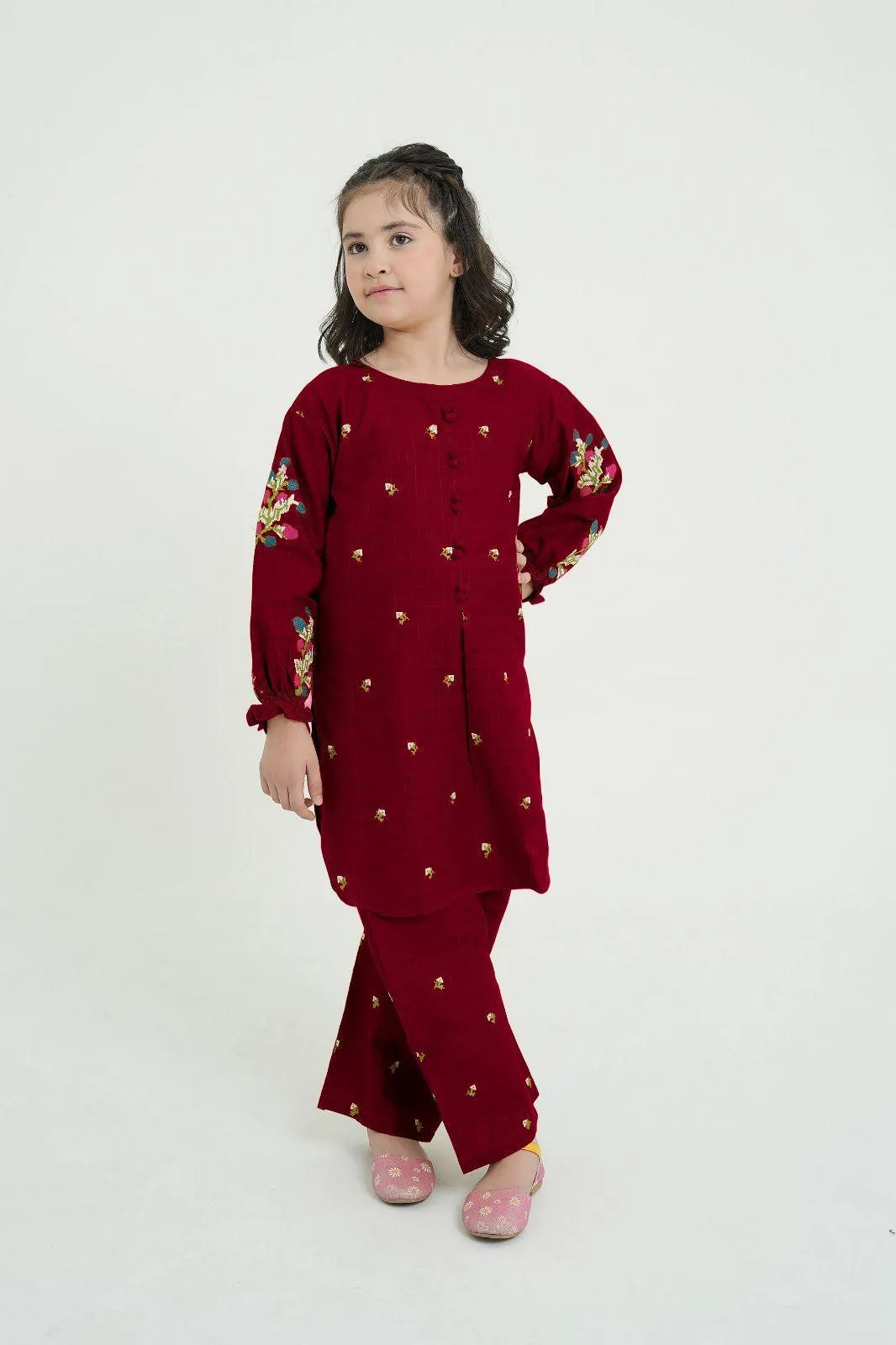 2 Pcs Girl's Cotton Embroidered Kurta And Shalwar Suit
