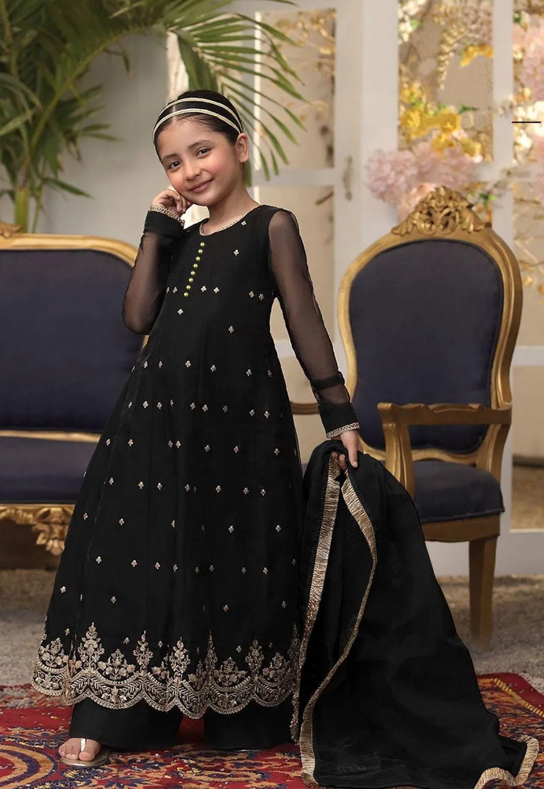 3 Pcs Girl's Chiffon Embroidered Frock And Trouser Set