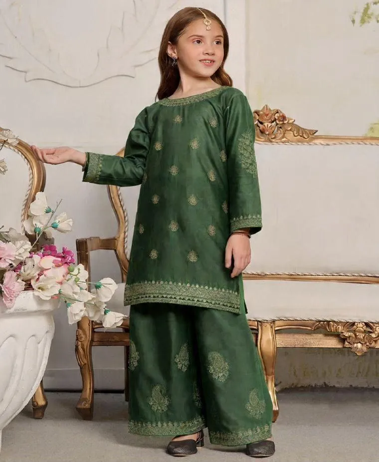 2 Pcs Girl's Shamoz Silk Embroidered Kurta And Shalwar Suit