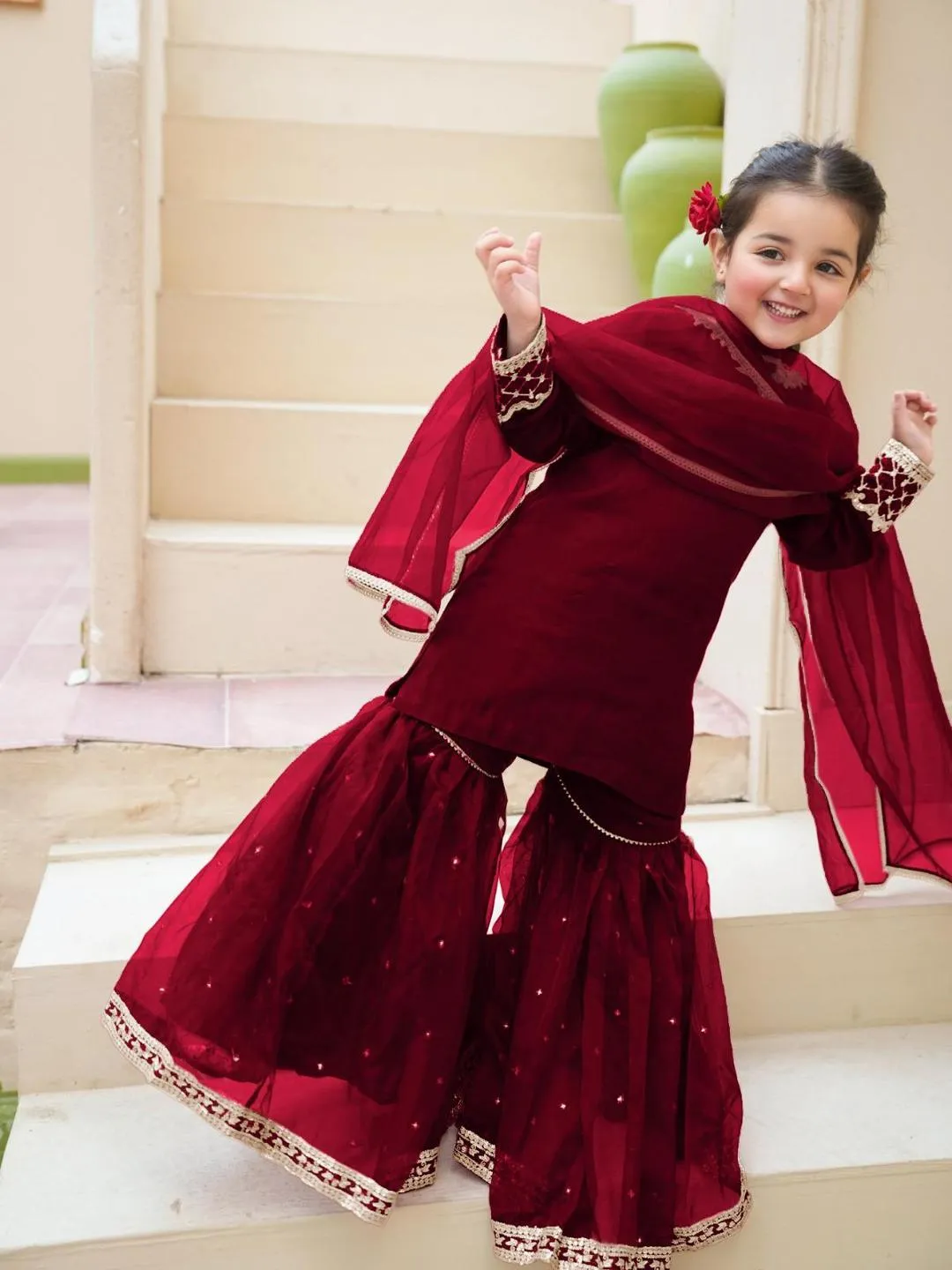 3 Pcs Girl's Shamoz Silk Embroidered Kurta And Shalwar Suit