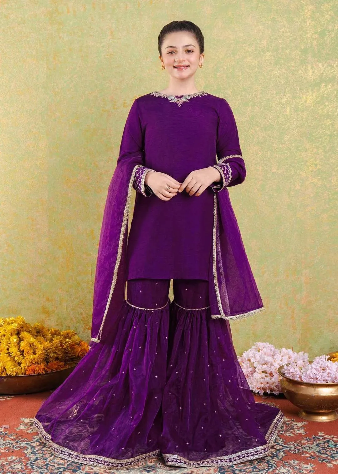 3 Pcs Girl's Shamoz Silk Embroidered Kurta And Shalwar Suit