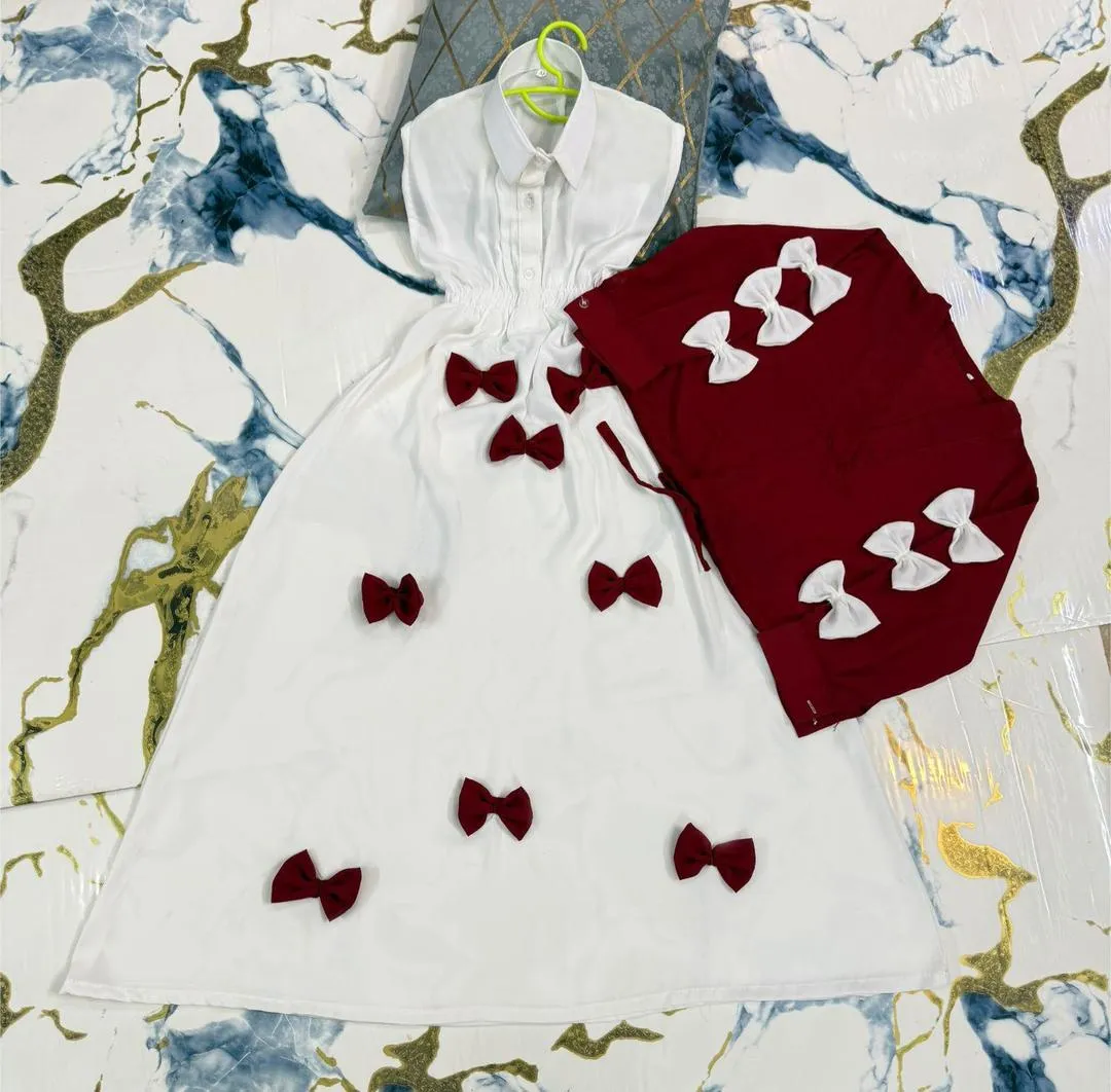 Girls Georgette Bow Top Maxi Set Red White 2Pcs