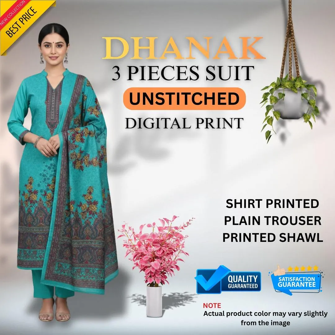 3 Pcs Dhanak Women's Unstitched Digital Print Suit