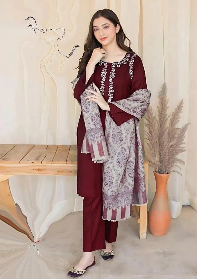 3 Pcs Women's Unstitched Embroidered Suit