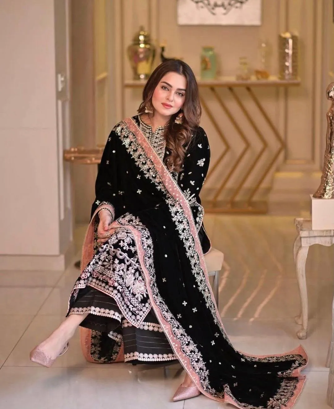 ANEELAS Velvet 3 Pcs Unstitched Sequins Embroidered Suit