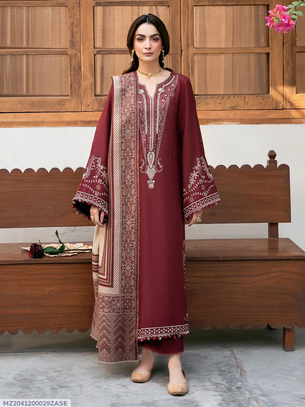 Maroon Embroidered 3 Pcs Lawn Suit for Eid & Parties