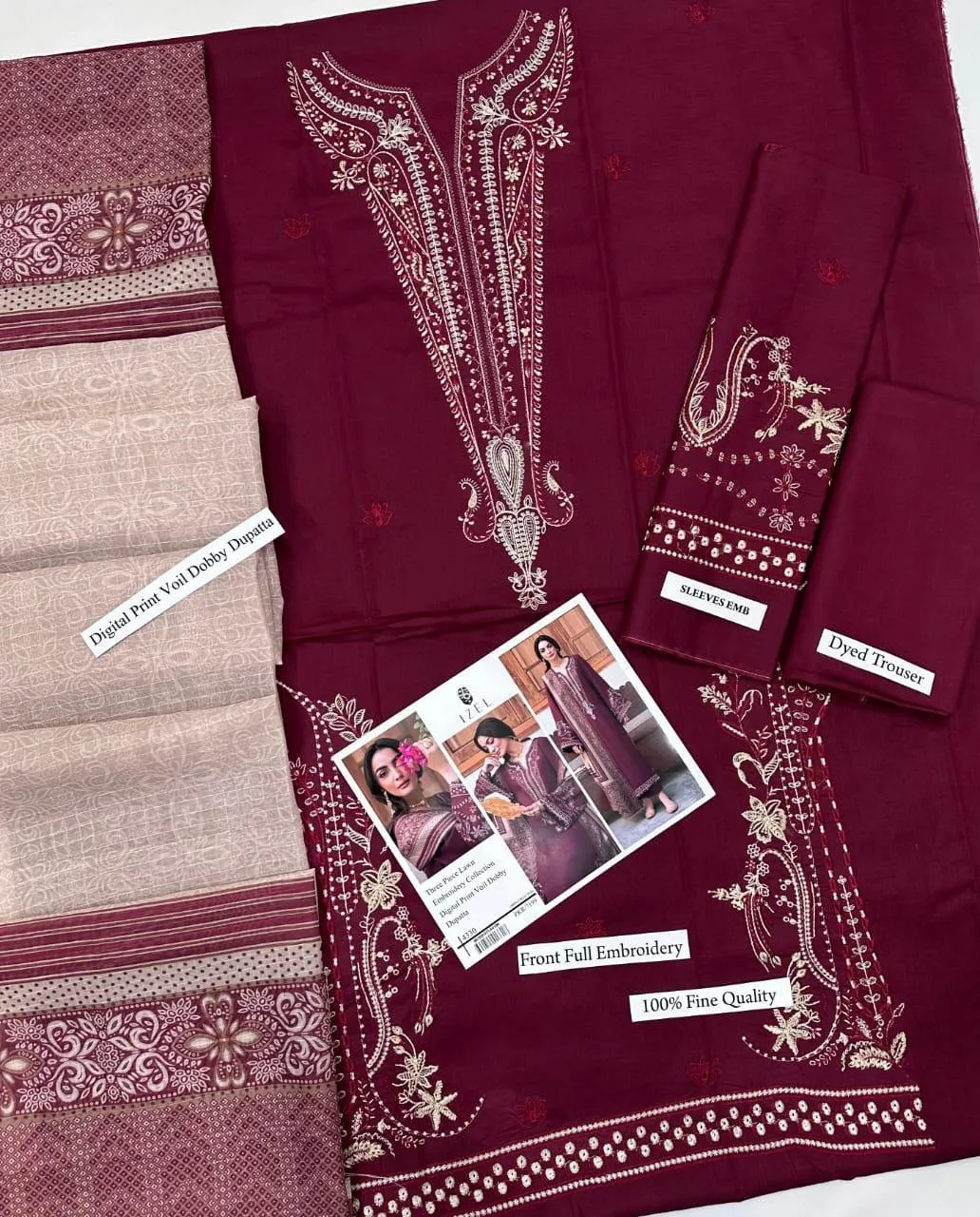 Maroon Embroidered 3 Pcs Lawn Suit for Eid & Parties