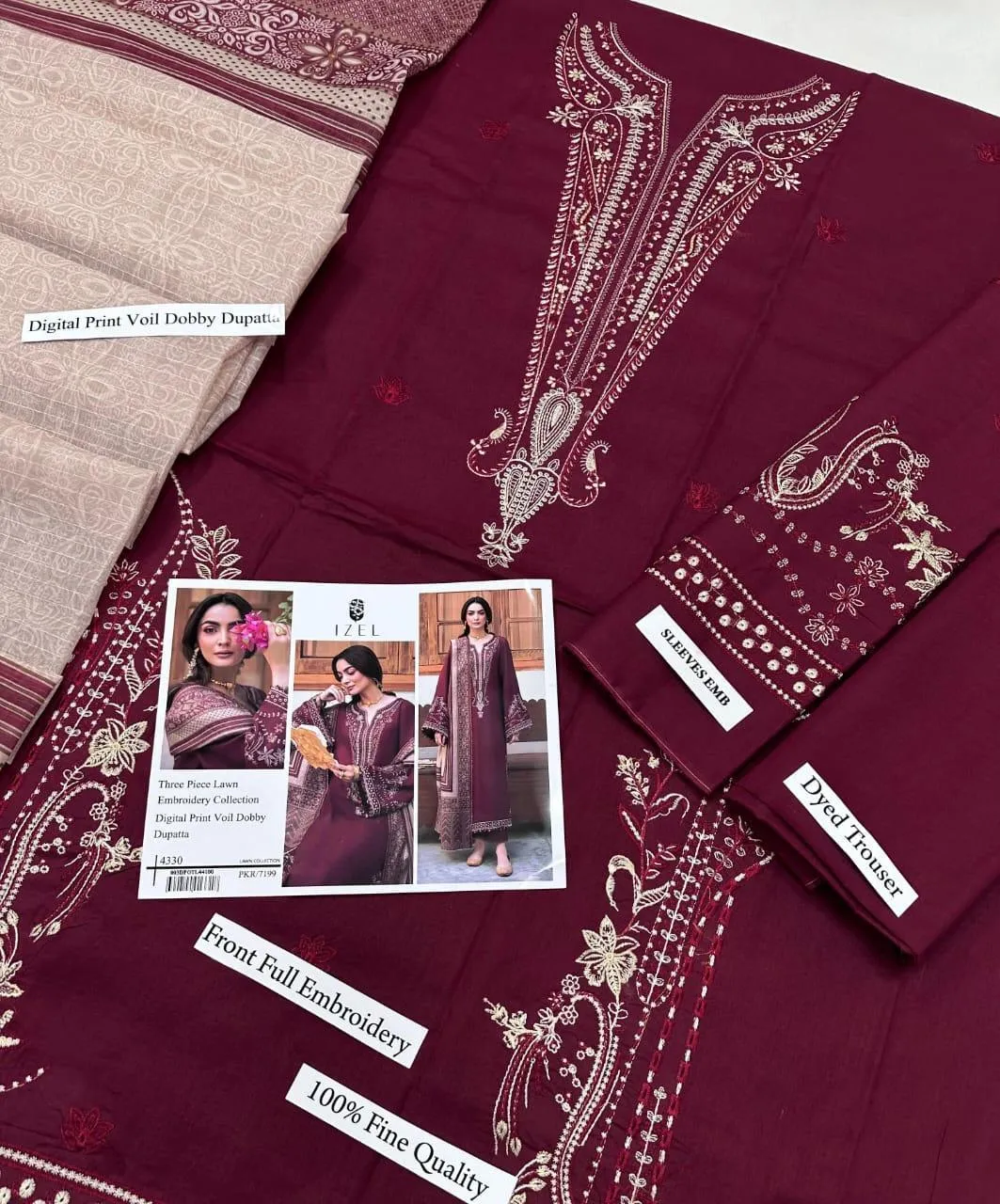 Maroon Embroidered 3 Pcs Lawn Suit for Eid & Parties