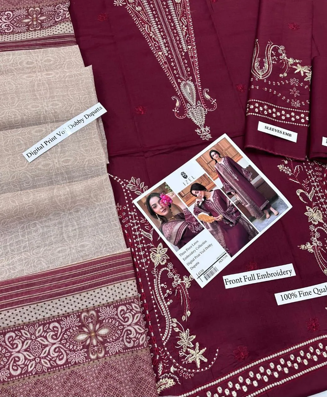 Maroon Embroidered 3 Pcs Lawn Suit for Eid & Parties