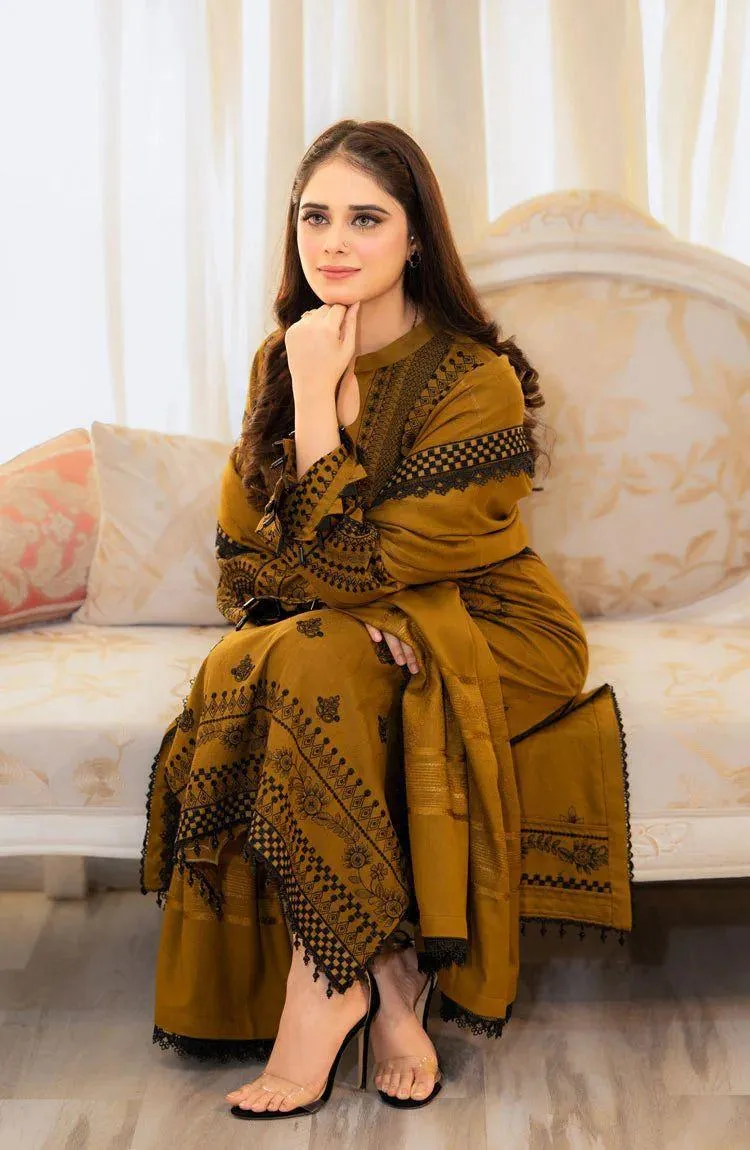 Mustard Embroidered 3Pcs Lawn Suit for Women