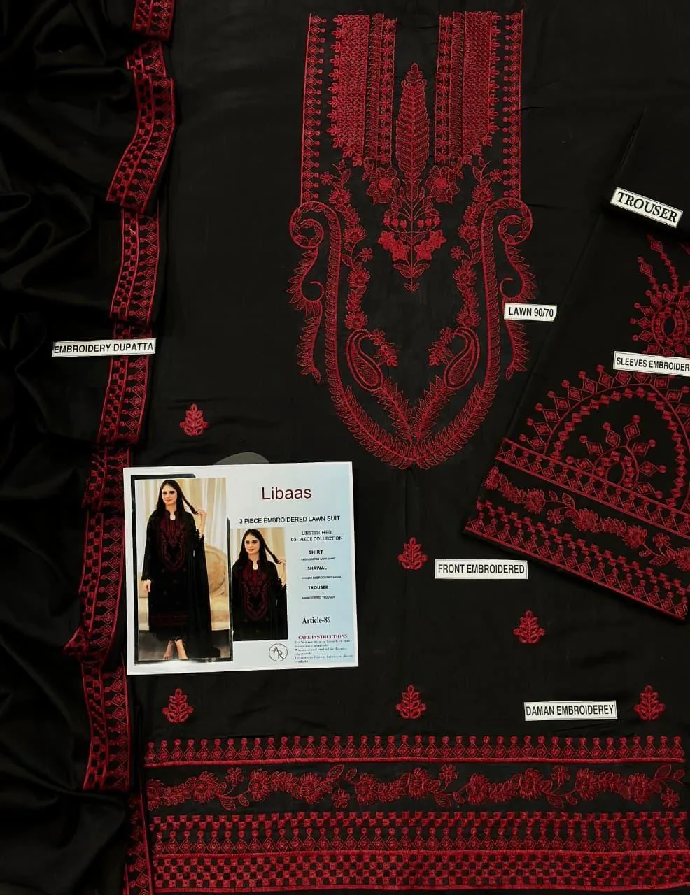 Black Embroidered 3-Piece Lawn Suit for Women