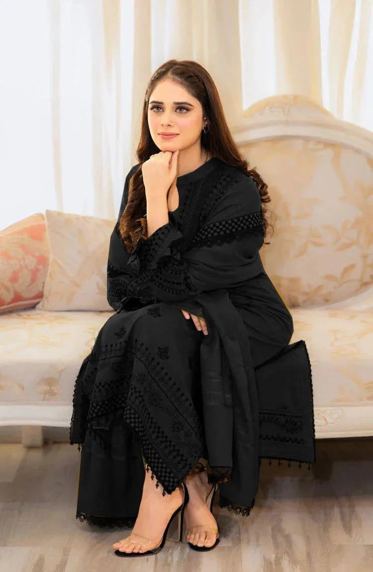 Black Embroidered 3-Piece Lawn Suit for Women