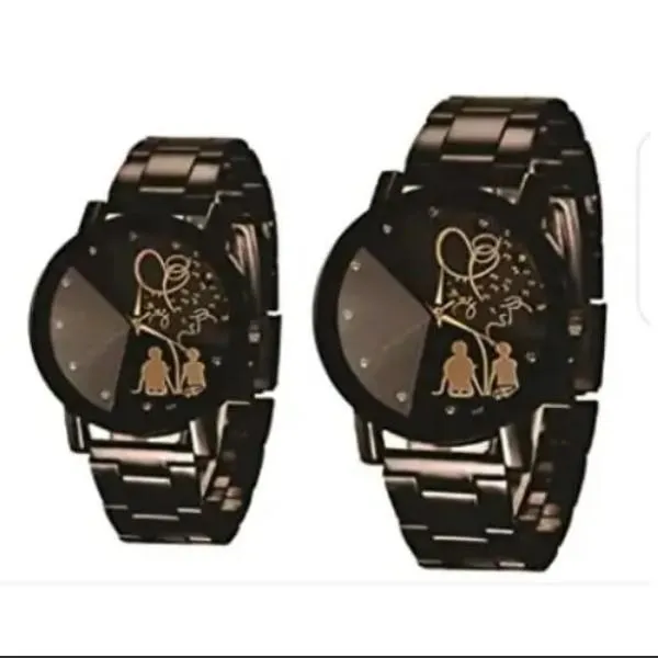 Couple's 2 Pcs Round Stainless Steel Analogue Watches for Men & Women