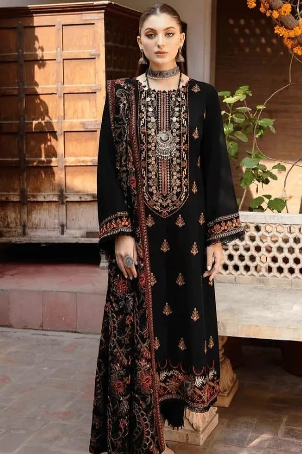 Elegant Embroidered Suit Set with 1 Shirt, 1 Trouser & 1 Dupatta - 3 Pcs in Black