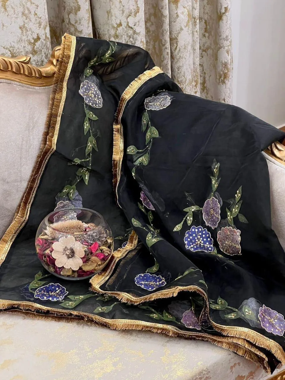 Dupattas for Women - Organza Brush Paint with Nagina Heavy Beats Work with Oil Paint Bunches & Bail 4 Sided Border Lace - Unique Design