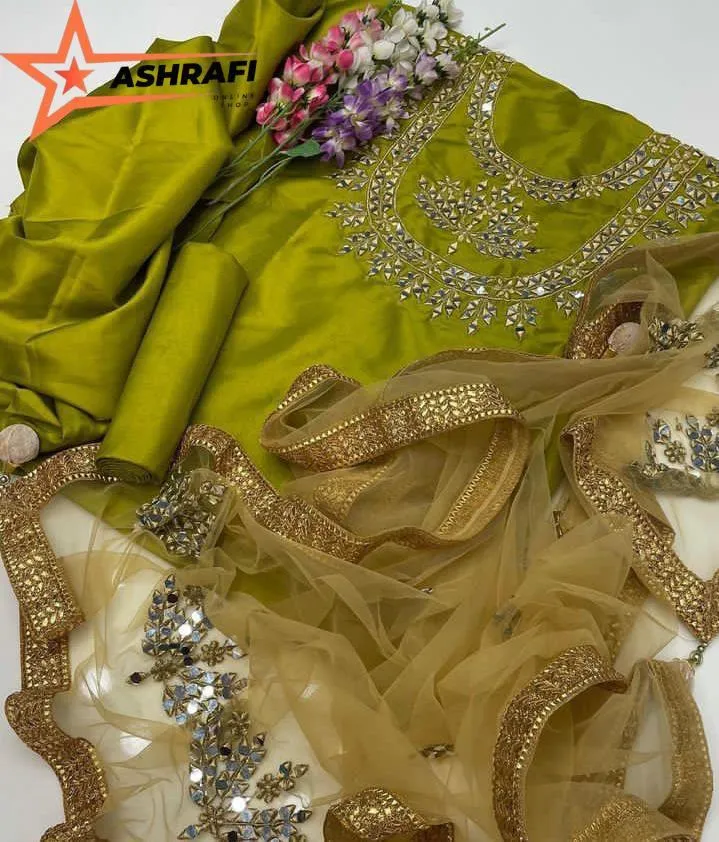 3 Pcs Women's Unstitched Mirror Work Suit