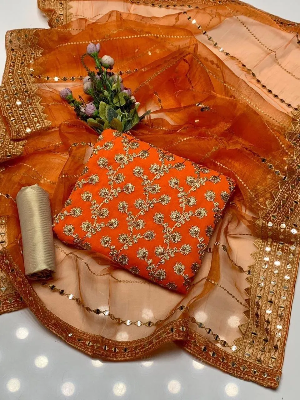 3 Pcs Women's Unstitched - Marble & Gotta Embroidery Work Shirt - Self Embossed Masoori Shalwar - Crystal Tissue 9mm Sequence Embedded 4 Side Border Work Dupatta