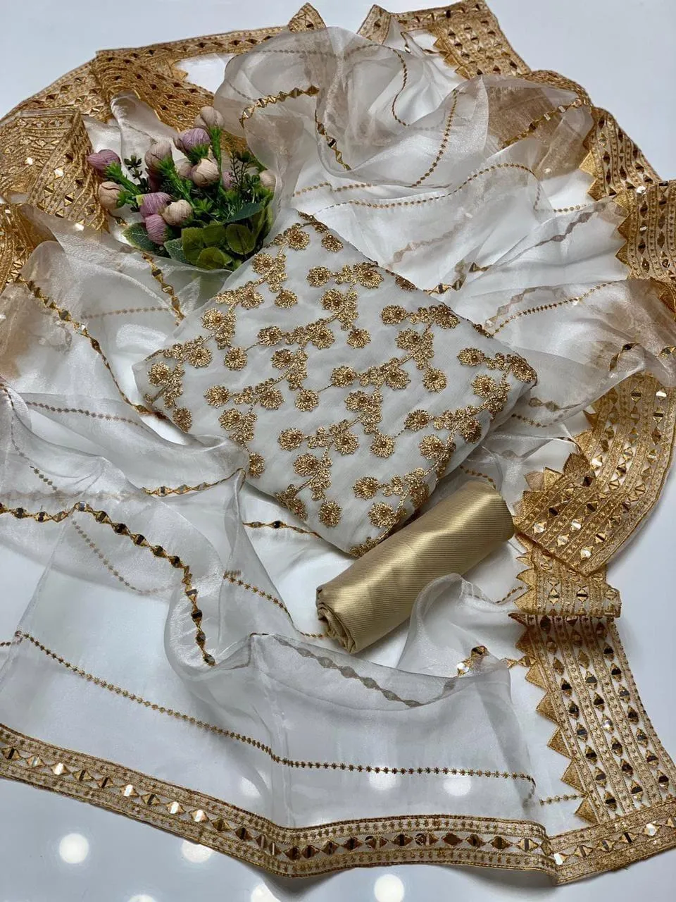 3 Pcs Women's Unstitched - Marble & Gotta Embroidery Work Shirt - Self Embossed Masoori Shalwar - Crystal Tissue 9mm Sequence Embedded 4 Side Border Work Dupatta