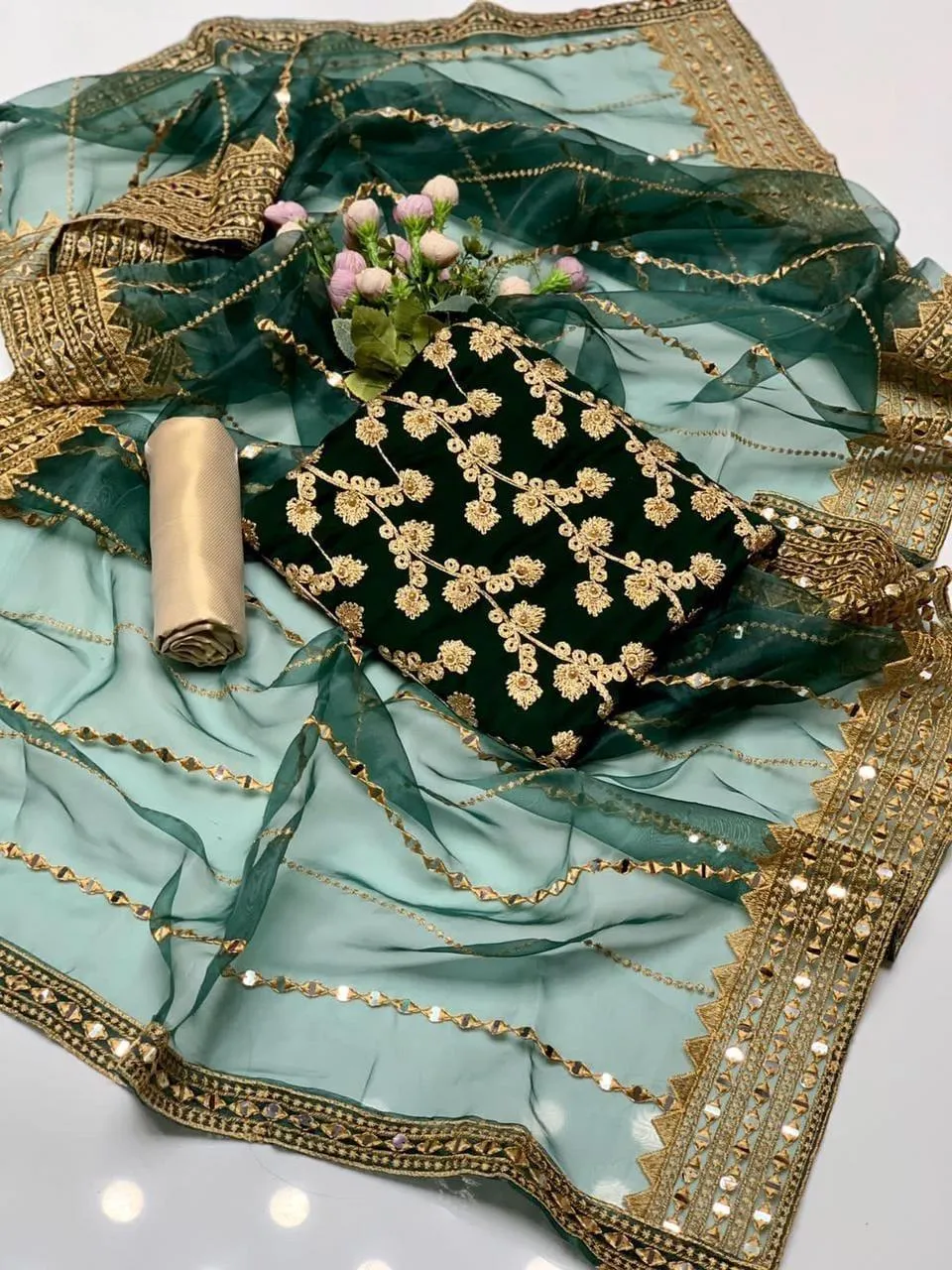 3 Pcs Women's Unstitched - Marble & Gotta Embroidery Work Shirt - Self Embossed Masoori Shalwar - Crystal Tissue 9mm Sequence Embedded 4 Side Border Work Dupatta