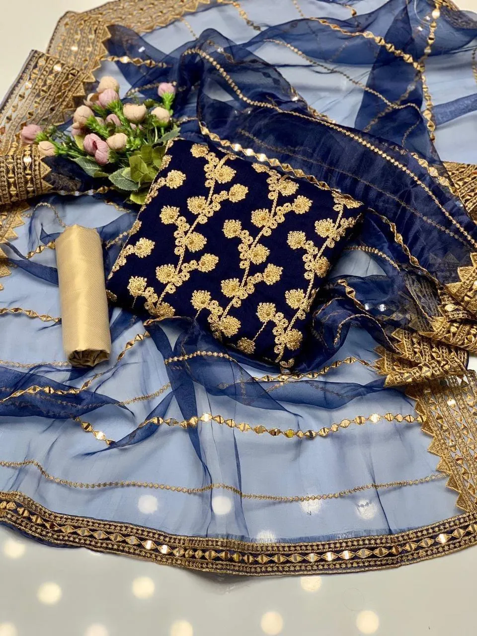 3 Pcs Women's Unstitched - Marble & Gotta Embroidery Work Shirt - Self Embossed Masoori Shalwar - Crystal Tissue 9mm Sequence Embedded 4 Side Border Work Dupatta