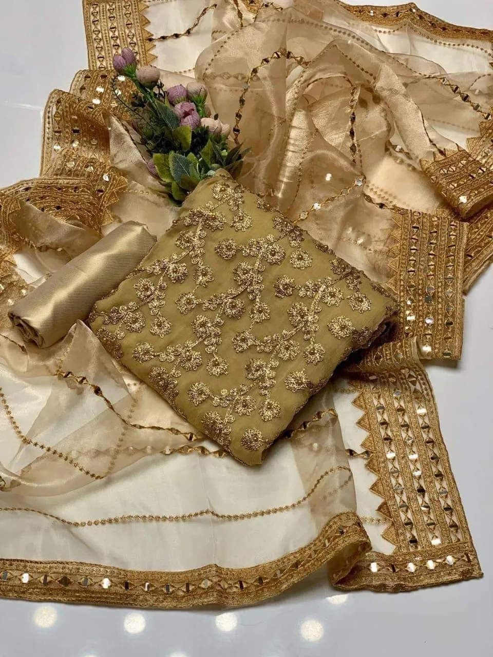 3 Pcs Women's Unstitched - Marble & Gotta Embroidery Work Shirt - Self Embossed Masoori Shalwar - Crystal Tissue 9mm Sequence Embedded 4 Side Border Work Dupatta