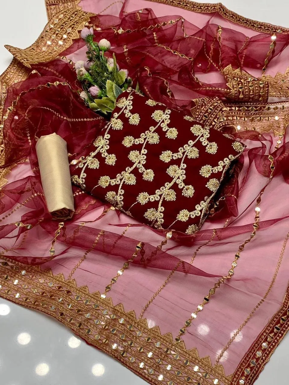 3 Pcs Women's Unstitched - Marble & Gotta Embroidery Work Shirt - Self Embossed Masoori Shalwar - Crystal Tissue 9mm Sequence Embedded 4 Side Border Work Dupatta