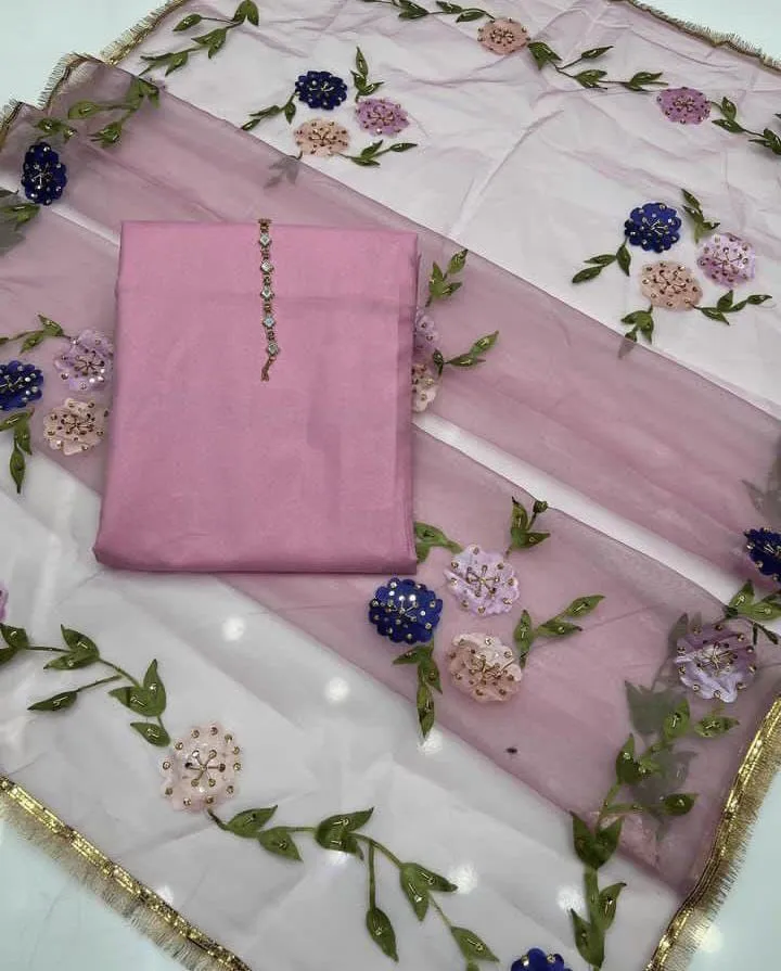 3 Pcs Women's Unstitched Dress - Kataan Silk Plain Shirt & Trouser - Indian Organza Brush Paint Original 4 Side Heavy Bail with Kiran Lace Dupatta - Free Neckline