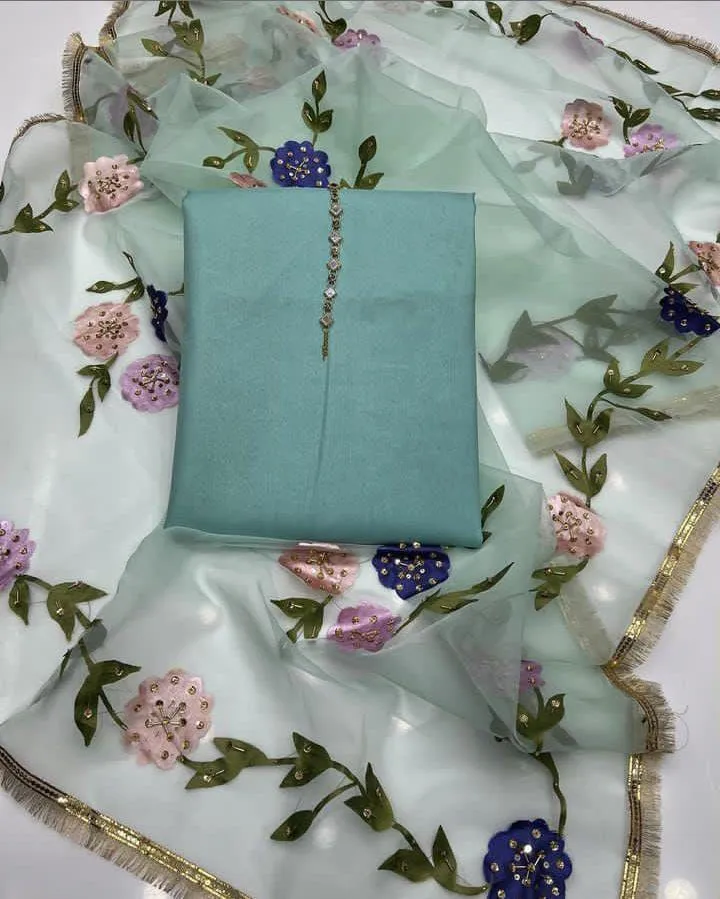 3 Pcs Women's Unstitched Dress - Kataan Silk Plain Shirt & Trouser - Indian Organza Brush Paint Original 4 Side Heavy Bail with Kiran Lace Dupatta - Free Neckline