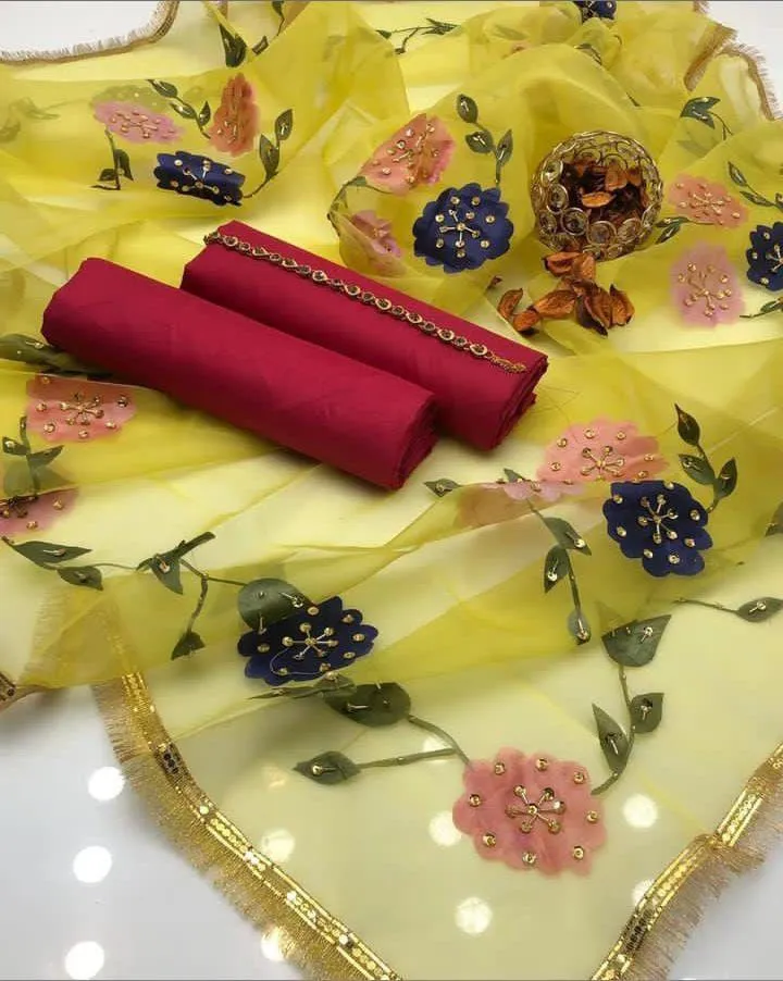 3 Pcs Women's Unstitched Dress - Kataan Silk Plain Shirt & Trouser - Indian Organza Brush Paint Original 4 Side Heavy Bail with Kiran Lace Dupatta - Free Neckline