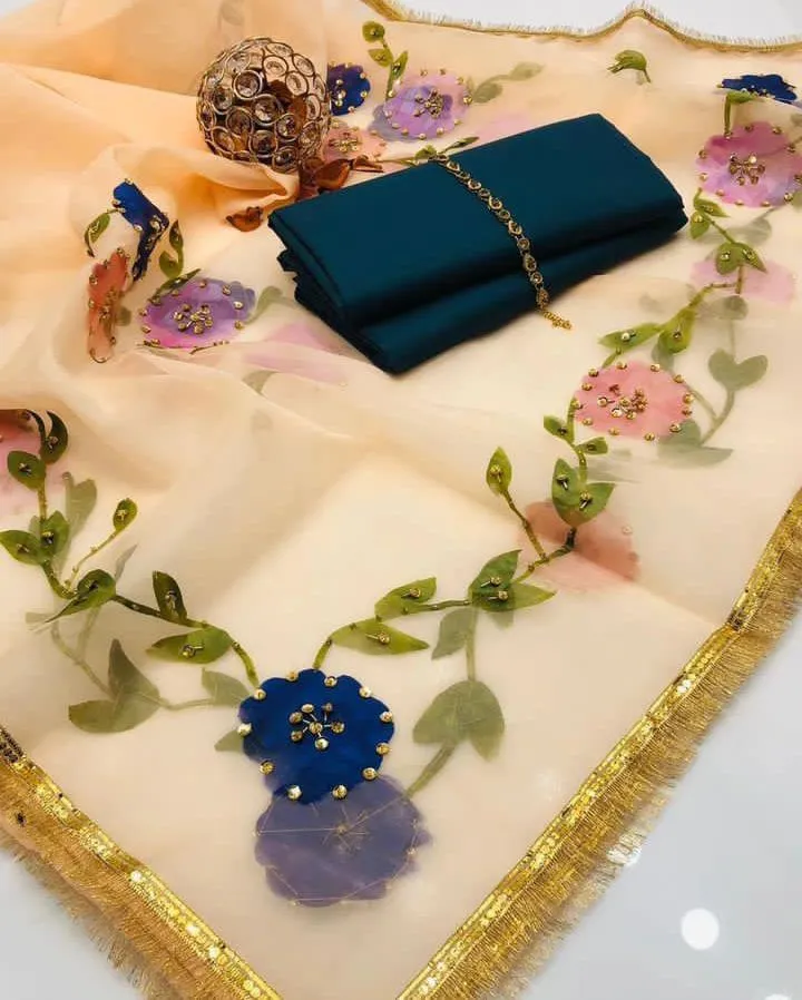 3 Pcs Women's Unstitched Dress - Kataan Silk Plain Shirt & Trouser - Indian Organza Brush Paint Original 4 Side Heavy Bail with Kiran Lace Dupatta - Free Neckline