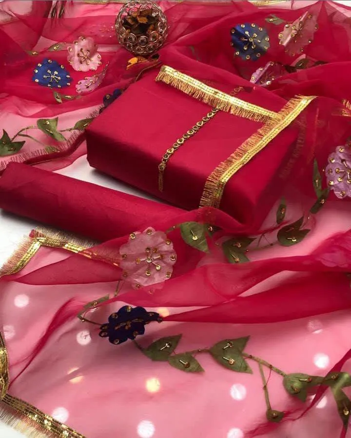 3 Pcs Women's Unstitched Dress - Katan Silk Plain Shirt & Trouser - Indian Organza Brush Paint Original 4 Side Heavy Bail with Kiran Lace Dupatta - Free Neckline