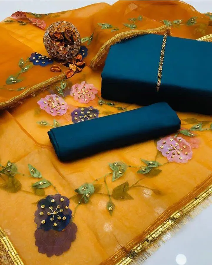 3 Piece Women's Unstitched Suit - Qataan Silk Plain Shirt & Trouser - Indian Organza Brush Paint Original 4 Side Heavy Bail with Kiran Lace Dupatta - Free Neckline